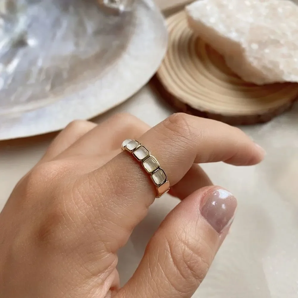 18K Gold Plated White Opal Cat Eye Band Ring
